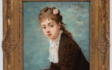 CECILE (MME. GUERIN) FERRERE (FRENCH, 1847-1931) OIL ON WOOD PANEL 1875 H 15.5" W 12" PORTRAIT OF A YOUNG WOMAN