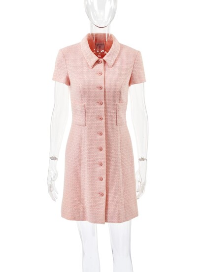 CHANEL | PINK AND WHITE COTTON - AND WOOL BLEND SHIRT DRESS