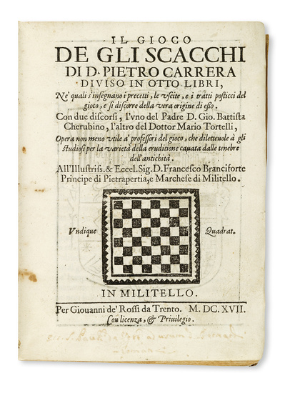 (CHESS.) Carrera, Pietro. Il Gioco de gli Scacchi. Woodcuts of chessboard on title...