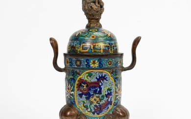 CHINESE CLOISONNE DRAGON LIDDED FOOTED CENSER