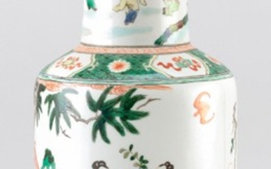 CHINESE FAMILLE VERTE PORCELAIN VASE In rouleau form, with a mythological figural landscape design. Six-character Kangxi mark on bas...