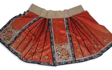 CHINESE TRADITIONAL SILK EMBROIDERED SKIRT, LATE QING DYNASTY Length: 36 in. (91.4 cm.)
