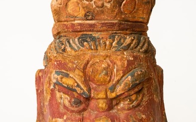 CHINESE WOODEN HEAD OF A LOKAPALA (TEMPLE GUARDIAN) WITH FIERCE EXPRESSION