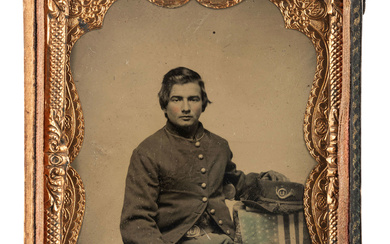 [CIVIL WAR]. A group of 4 items, highlighted by a quarter plate tintype of a Union infantryman posed with an American flag attributed as Joseph Graff, Company D, 23rd Kentucky Infantry.