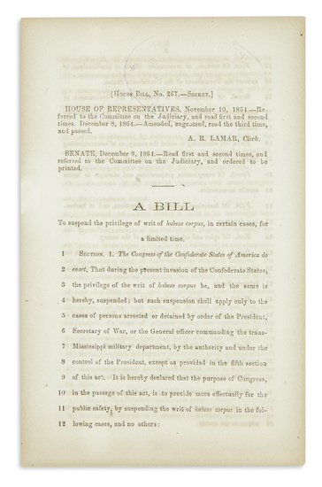 (CIVIL WAR--CONFEDERATE.) A Bill to Suspend the Privilege of Writ of Habeas Corpus....