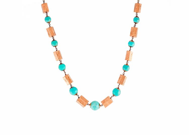 COLLIER WITH TURQUOISE AND GOLD CYLINDERS Handmade necklace made in...