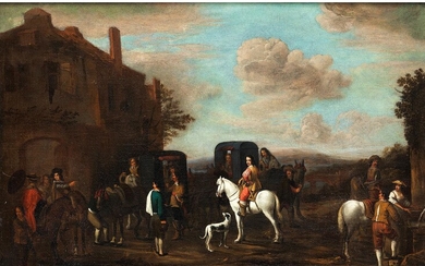 Carel van Falens, 1683 Antwerpen – 1733 Paris, RASTPLATZ FÜR REISENDE VOR EINEM GASTHAUS