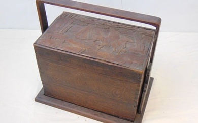 Carved Japanese box, on tray in holder with handle, dark wood, lid of box has carved scene of figure