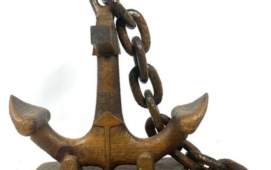 Carved Wood Folk Art Anchor and Chain Sculpture