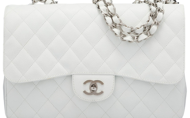 Chanel White Quilted Caviar Leather Flap Bag with Silver...