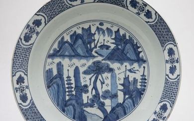 Charger - Blue and white - Porcelain - A Large Blue And White Landscape Charger- China - Jiajing (1522-1566)