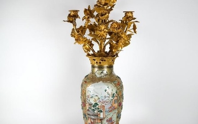 Chinese Bronze and Porcelain Candelabra