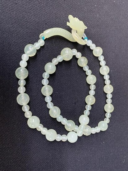 Chinese Jade Beaded Necklace With Dragon Clasp