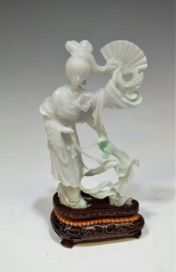 Chinese Jadeite Carving Woman w/ Fan & Stand
