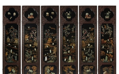 Chinese Lacquer Jade 6-Panel Screen w/ Jade Insets