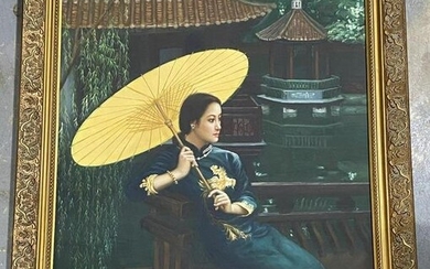 Chinese Oil Painting on Board of a Seated Beauty with
