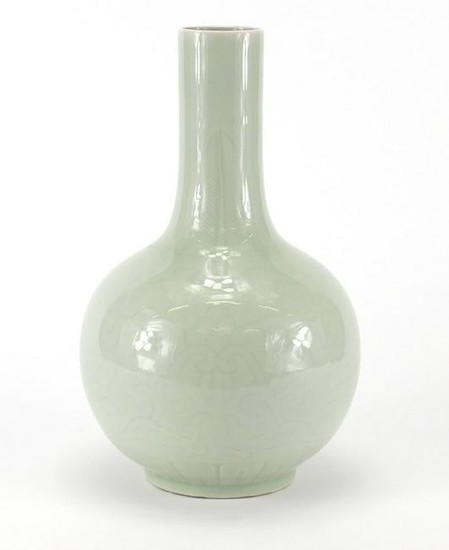 Chinese celadon glazed bottle vase, incised under glaze