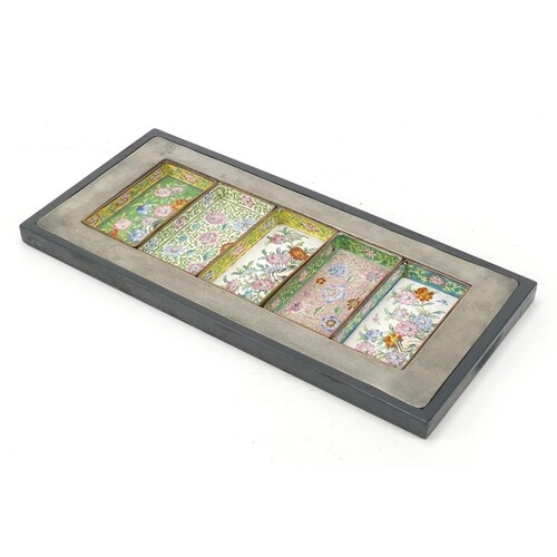 Chinese pewter tray housing five Canton enamel dishes, each ...