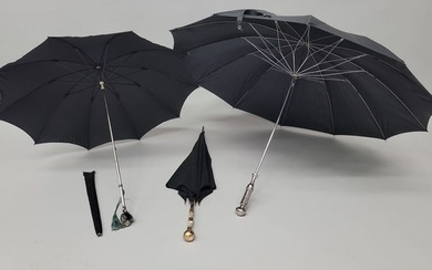 Circa 1890's Three Victorian umbrellas with ornate handles both silver and gold filled, one with a