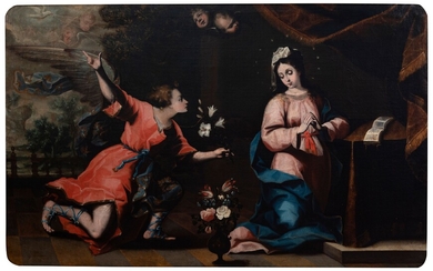 Circle of JUAN LUIS ZAMBRANO (Córdoba, 1598 - 1639). "Annunciation. Oil on canvas. Relined.
