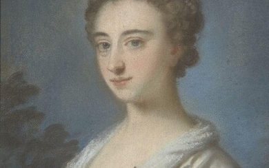 Circle of Jean-Baptiste Perronneau, French c.1715-1783- Portrait of a lady, bust-length, turned to the left, wearing a white silk dress; pencil and pastels on paper laid down on canvas, 60.5 x 45 cm.
