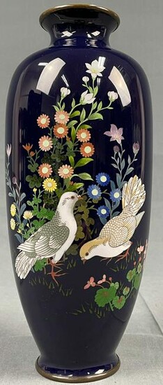 Cloisonné vase blue ground. 2 birds.
