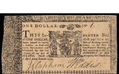 Colonial MD. April 1774 $1 SERIAL #1. PMG VF-30