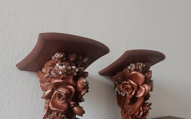 Coppia di mensole floreali in legno - Wall shelf bracket - Wood