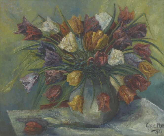 Cyril J. Ross ROI, British 1891-1973 - Floral still life, 1960; oil on canvas, signed and dated lower right 'Cyril J. Ross 1960', 63.5 x 77 cm (ARR)