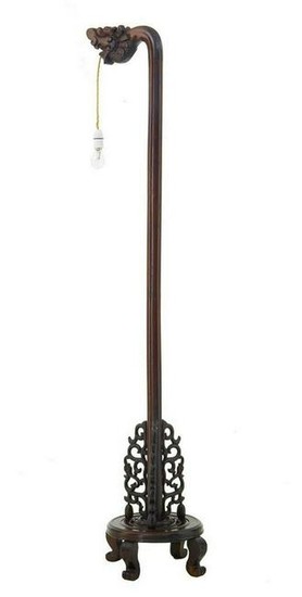 DECORATIVE CHINESE CARVED HARD WOOD FLOOR LAMP