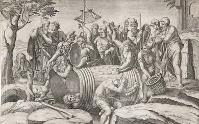 DIANA SCULTORI (AFTER GIULIO ROMANO) Attilius Regulus in a Barrel. Engraving, circa 1575...