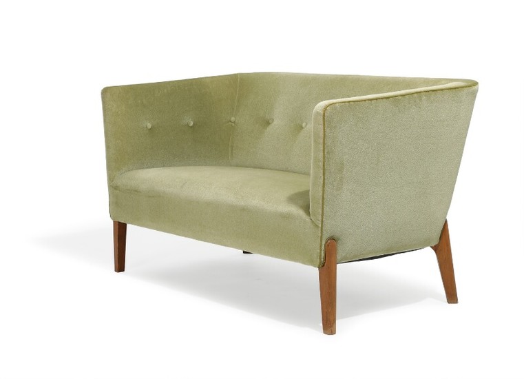 Danish furniture design: Two-seater sofa with beech legs, upholstered with greenish velour fitted with buttons. 1940–50s. L. 135 cm.