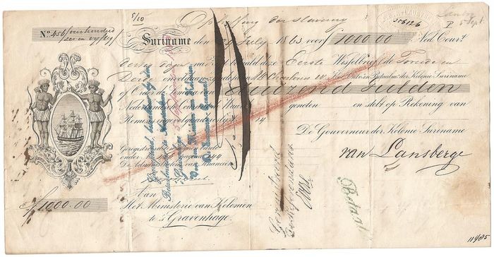 De gouveneur der kolonie Suriname - Wisselbrief / Slavenbrief Suriname - 1863
