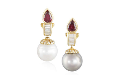 Description A PAIR OF CULTURED PEARL, RUBY AND DIAMOND...