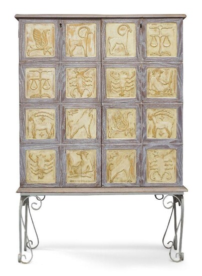 Designer Unknown, French Art Deco Zodiac cabinet on later wrought iron stand, circa 1940, Painted and limed oak, painted iron, 141cm high, 96cm wide, 32cm deep