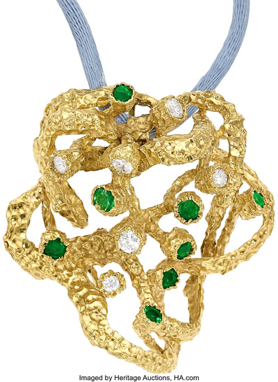Diamond, Emerald, Gold Pendant-Brooch-Necklace Stones: Full-cut diamonds weighing a...