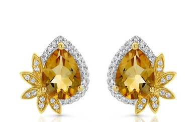 Diamond & Citrine Pear Shape Earring Set In 14k Yellow Gold