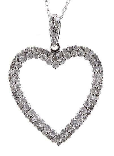 Diamond set open heart white gold pendant, marked 10k, on...