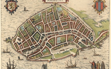 [Dordrecht]. "Dordrecht". Plan à vol d'oiseau manuscrit, 33,5x46,5 cm, tiré de BRAUN/ HOGENBERG, Civitates Orbis...
