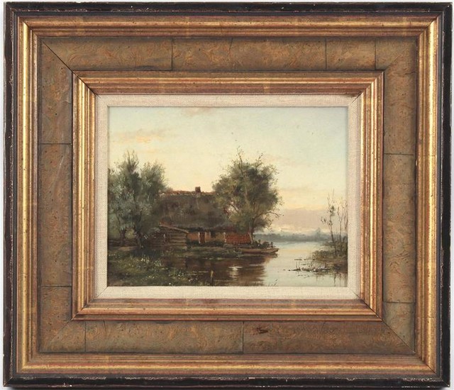 Dutch landscape with farm on a lake with moored rowing