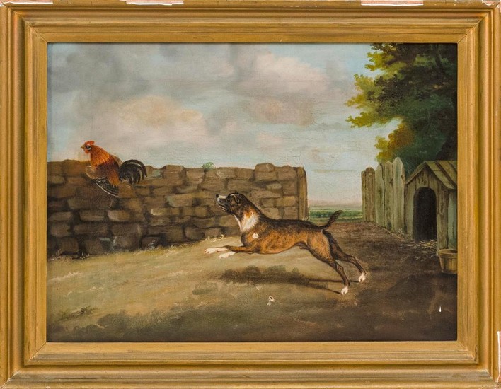 ENGLISH SCHOOL, 19th Century, A dog chasing a rooster., Oil on canvas, 11" x 14". Framed 13" x 17".