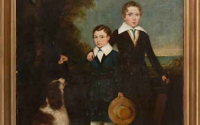 ENGLISH SCHOOL, 19th Century, Two children with a dog,, Oil on canvas, 36" x 28". Framed 41" x 33".