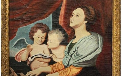 Early 19th C. Woman Winged Angels Playing The Organ