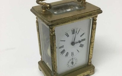 Early 20th century brass carriage clock with subsidiary alarm dial