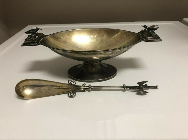 Early Gorham Sterling Aesthetic Bowl & Spoon With Birds