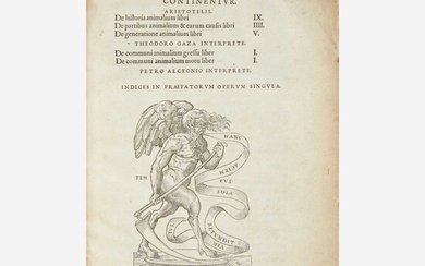 [Early Printing] Aristotle In hoc volumine haec continentur...de historia animalium libri...de partibus animalium & earum causis libri...