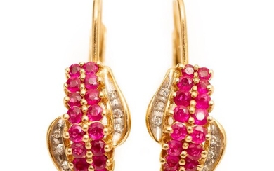 Earrings, GIA Contemporary 14k gold diamond and ruby