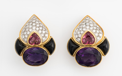Earrings, likely Henri Martin, clip-ons, 18K gold with pink tourmaline, onyx, amethyst, and brilliant-cut diamonds