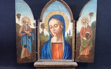 Ecole italienne dans le goût du XV's : Vierge et deux Saints. Triptyque de forme...