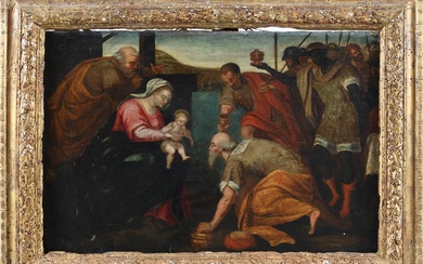 Ecole italienne fin XVIe début XVIIe. "L'adoration des mages". Huile sur Toile. 48x70 cm. Restauration...